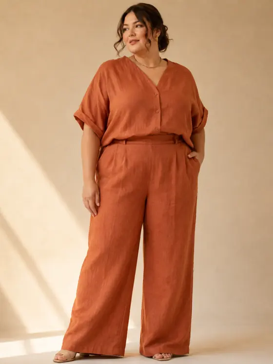 Ensemble coordonné en lin terracotta, haut et pantalon large