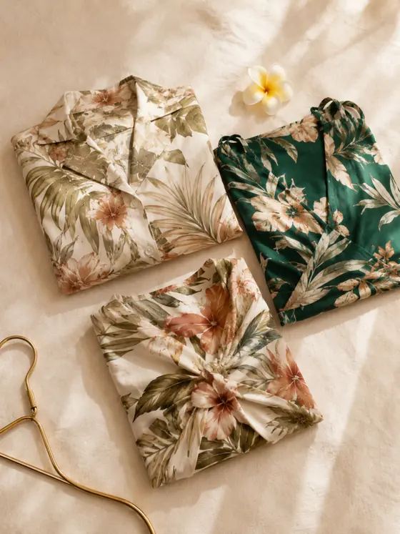 Nouveautés : trois pièces à imprimé tropical pliées sur du lin